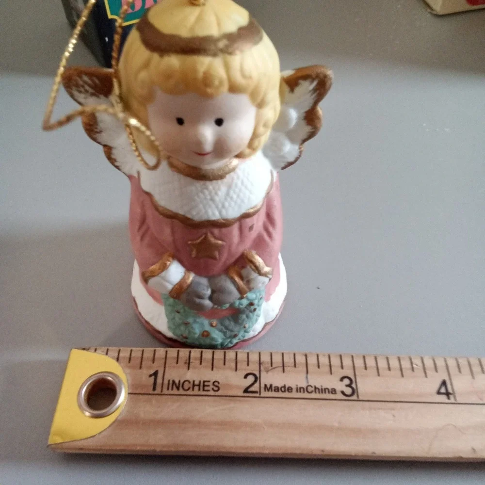 Vintage Porcelain Holiday Angel Bell Ornament Handpainted Pink Dress Wreath Box